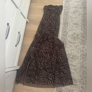 Brown and Black Animal Print Strapless Maxi Dress